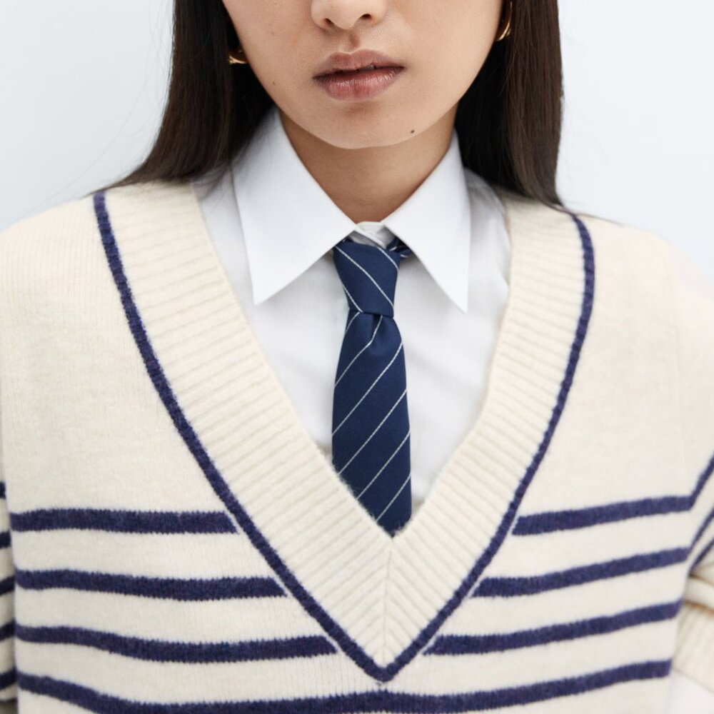 Mango Ivory and Navy V-neck Striped Sweater/NWT/L - Picture 4 of 15